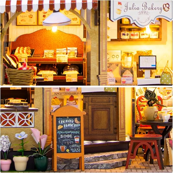 DIY Miniature House Kit, Dollhouse Kit with LED Light, Mini House Building Kits for for Adult to Building, Christmas Home Decorations Gifts for Family and Friends, Bakery
