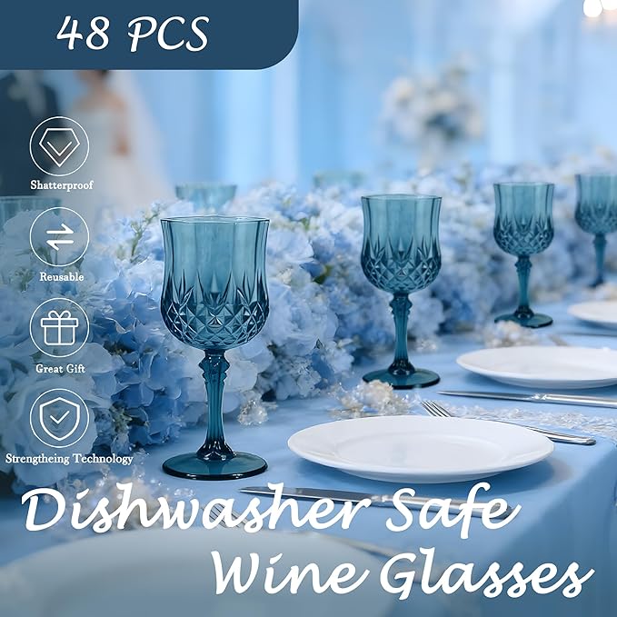 LEYIQU Plastic Wine Glasses, Plastic Goblets Vintage Style Cordial Drinking Glasses for Valentine’s Day, Wedding Reception, Grand Event Party Supplies (48, Navy Blue)