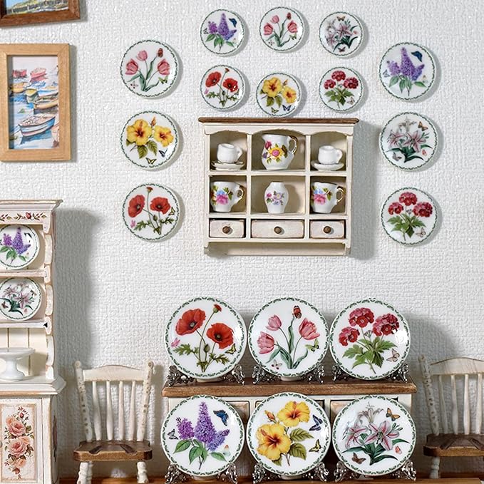 6PCS Handcrafted Miniature Ceramic Plates in 1:12 or 1:6 Scale, Vintage Porcelain Playhouse Dishes (Garden-A, 4CM)