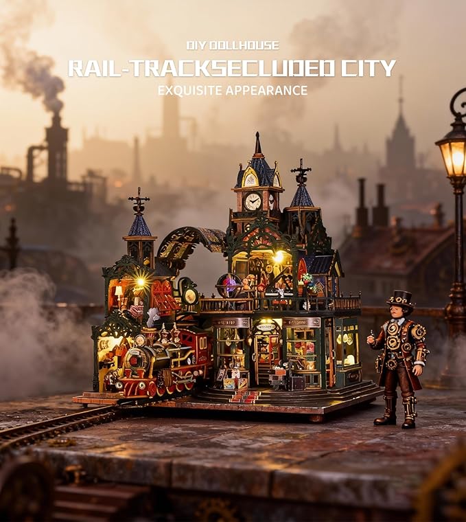 DIY Tiny House, Miniature House Kit Steampunk-Style Rail-Track City Wooden with LED Lights & Music Box & Display Case, Dollhouse Kit for Creative Home Decoration & Adult and Teens Gift