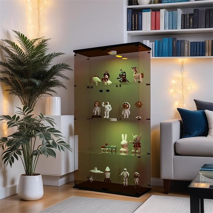 Glass Display Cabinet with Lights and Lock, 4-Tier Display Case Curio Cabinet with Glass Door, Floor Standing Showcase for Living Room Bedroom Home Office 31" W x 14.3" D x 64.5" H