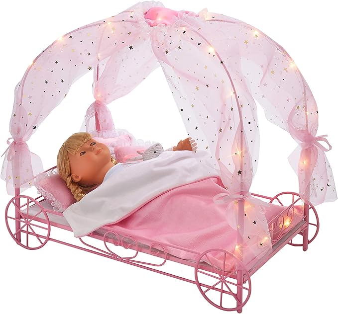 Badger Basket Elegant Royal Carriage Bed for 18-Inch Dolls with Canopy, Bedding, and LED Lights - Pink and White Stars