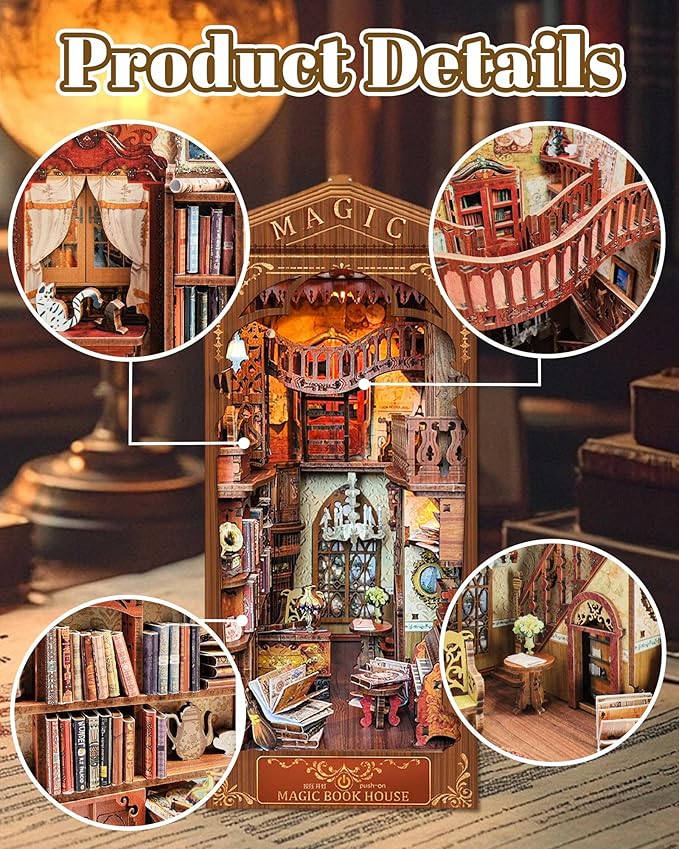 Kisoy Book Nook Kit, 3D Wooden Puzzle Booknook Build Bookshelf Decor, DIY Miniature House Kit for Adults and Teens, Mini House Arts & Craft Gifts for Family and Friends (Magic Book House)