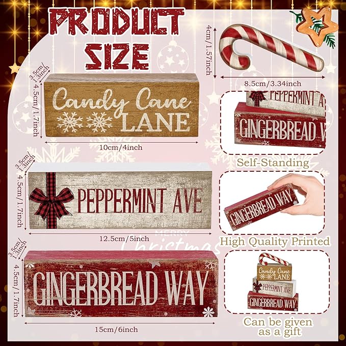 Moucuny 4 Pcs Christmas Table Decor Wooden Candy Cane Decoration Christmas Centerpiece Winter Tiered Tray Decor Red and White Stripes Candy Cane Block Signs Gift Farmhouse Xmas Decoration for Kitchen