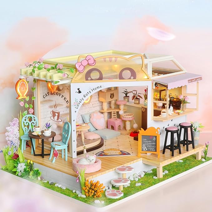 GuDoQi DIY Miniature Dollhouse Kit, Tiny House kit with Music, Miniature House Kit 1:24 Scale, Great Handmade Crafts Gift for Christmas Day Birthday Christmas Day,Lovely Cats' Coffee Shop