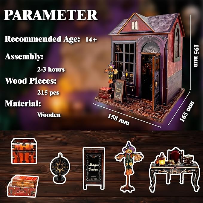 DIY Miniature House,LED Lighting Book Nook Kit Dollhouse Kit for Adult and Teens, Tiny House Bookshelf Decor 3D Wooden Puzzle, Gifts for Family, Friends,Christmas(Magic Cabin)