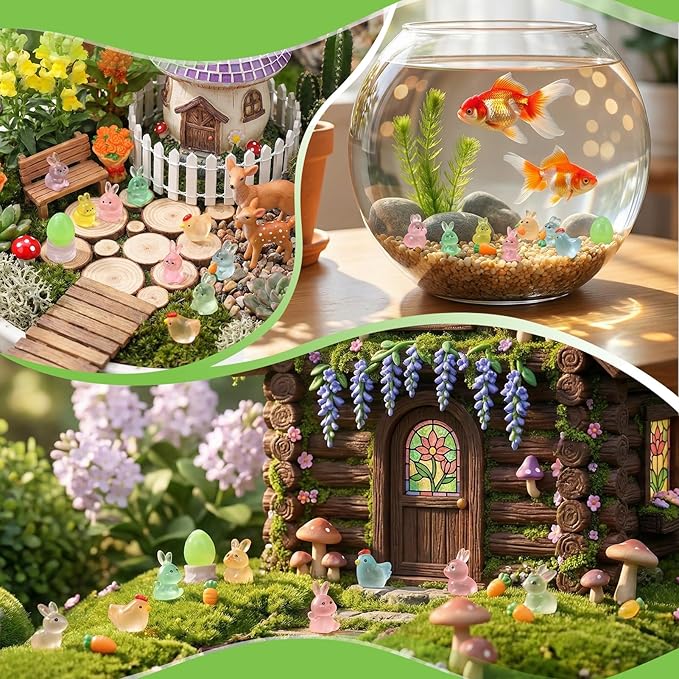 68Pcs Easter Mini Bunny Figurines Luminous Resin Animals Tiny Rabbit Chickens Figures to Hide Miniature Figurines for Egg Fillers Easter Decorations