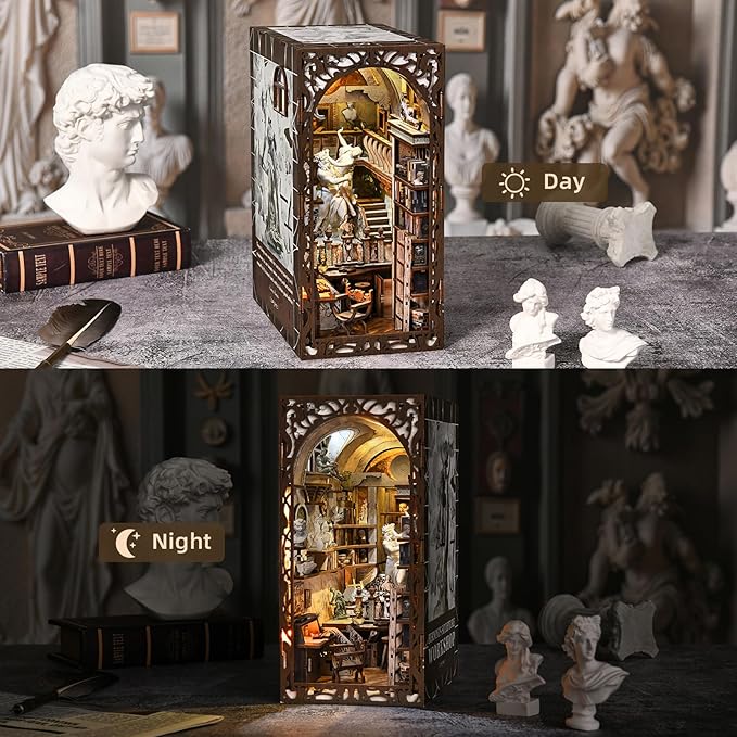 Book Nook Kit, DIY Doll House Booknook, Miniature Kit for Bookshelf Doll Houses for Adults Teen Halloween, 3D Wooden Puzzle Bookends with Led Light and Dust Cover (Bernini's Workshop)
