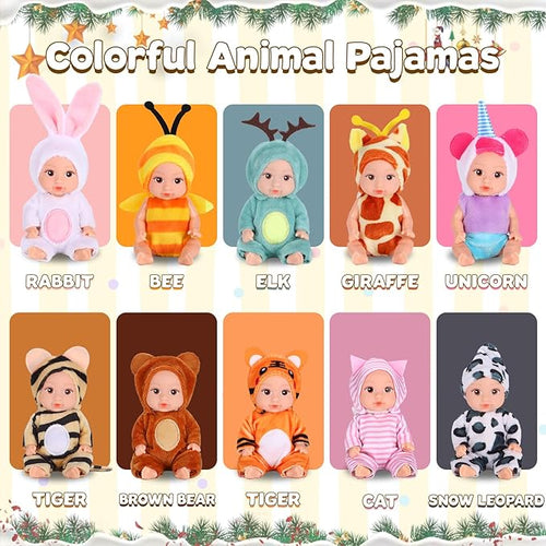 10 Pcs 4 Inch Mini Baby Dolls Playset Lifelike Realistic Baby Dolls with Handmade Animal Clothes Cute Small Baby Doll Gifts Set for Toddlers Girls Kids 3+