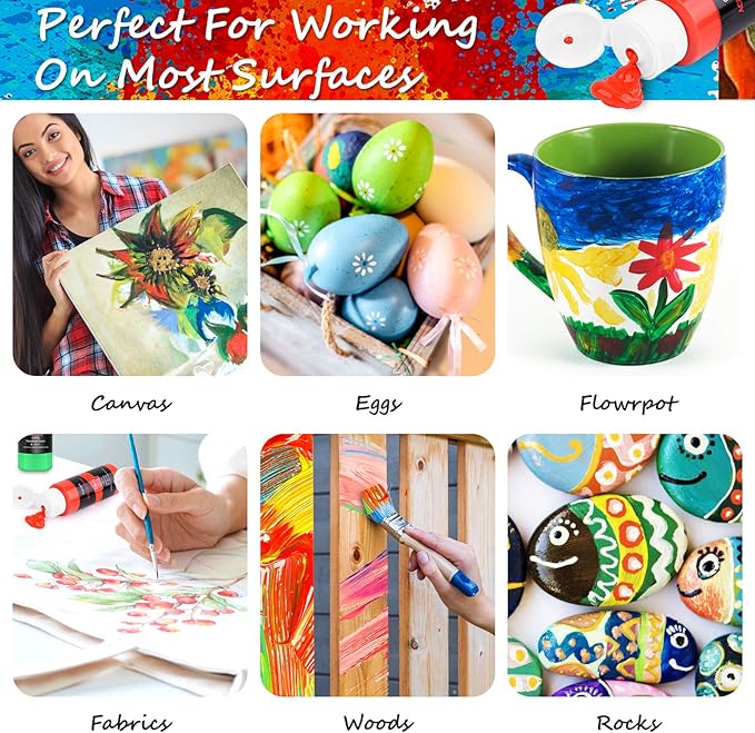 Caliart Black Acrylic Paint with 12 Brushes, Pack of 24, Art Craft Paints (2 oz/Bottle), Canvas Ceramic Wood Eggs Rock Painting Kit, Art Supplies for Adults Artists Painters