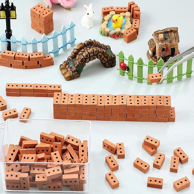 Woohome 200 PCS Mini Bricks for Landscaping, Crafts, Dollhouse and Garden Accessories - Realistic Tiny Blocks (3 Holes, Red)