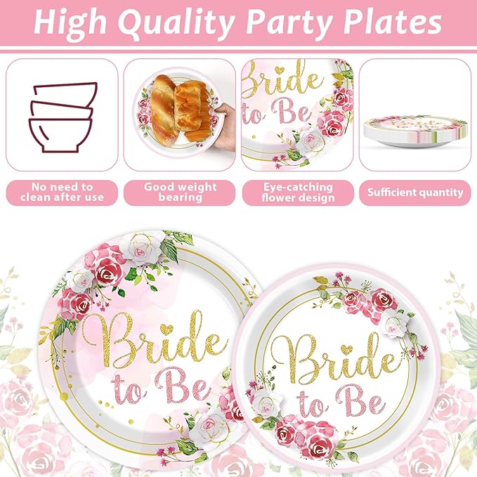 96Pcs Bridal Shower Party Decorations Floral Bride to Be Paper Plates Napkins Flower Pink Gold Wedding Tableware Set Supplies Disposable for Women Engagement Bachelorette Party Favors Serves 24