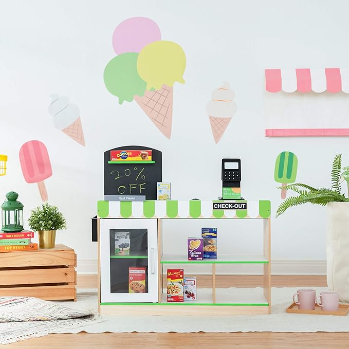 Teamson Kids Cashier Austin Interactive Wooden Play Market Stand with Lights and Sounds, Manual Conveyor Belt, Register and Display Spaces, Green and White Décor on Natural Wood