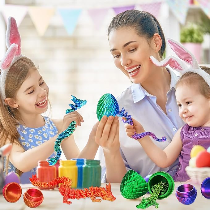 JOD® 4PCS 3D Printed Dragon Eggs with Dragon Inside – Articulated Fidget Toys, Easter Dragon Eggs, Mystery Surprise Easter Eggs for Kids, Unique 3D Printed Animals, Home Decor and Gift Set(A)