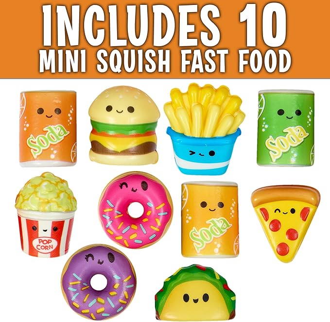 Playbees Mini Squish Fast Food Toys - 10 Pack - Assorted Designs Slow-Rise Stress Relief Toys for Kids, Mini Fidget Toys for Sensory Play, Party Favors, Junk Food Goodie Bag Fillers for Boys & Girls