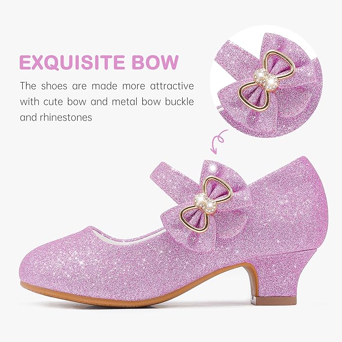 Dufannie Girls Dress Shoes Low Heel Princess Flats Mary Jane Flower Wedding Party Glitter Shoes for Kids Toddler