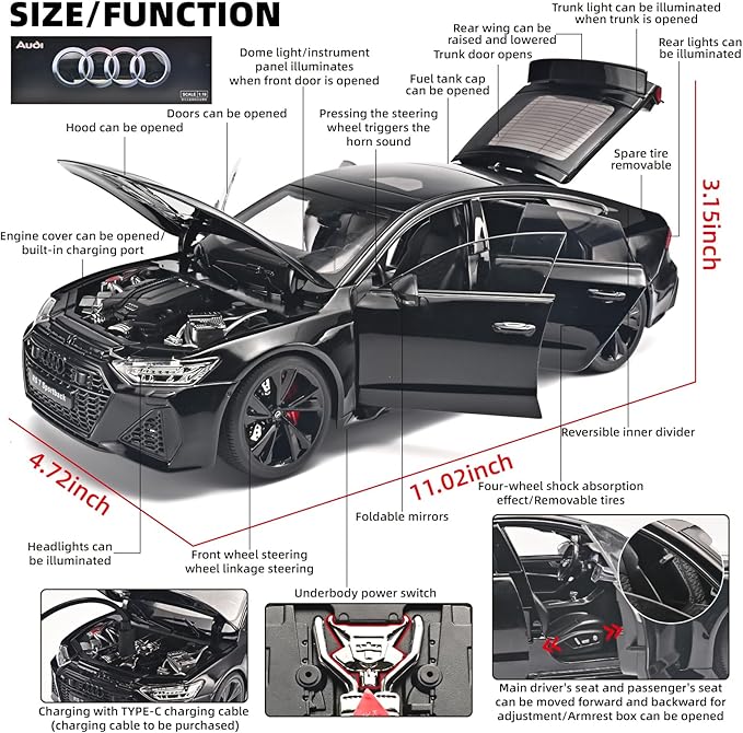 1:18 Audi RS7 Model Car,Pull Back Toy Diecast Cars,Remote Control Key Version Metal Toy Cars with Lights and Sounds,Gift for Children and Adult（Black Warrior）
