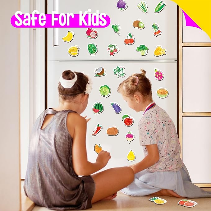 50 PCS Fruit & Vegetable Magnets, Adorable Magnetic Fruits Veggies Thick Fridge Magnets Cute Educational Learning Toys for Toddles Kids 1-2