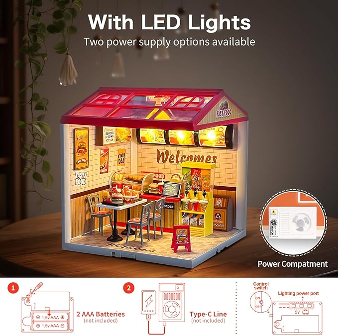 Hallisun LED Building Blocks for Adults, 1:24 DIY Miniature Dollhouse Kits with Roof & Dustproof Cover, Tiny House Toy Building Sets for Kids Ages 8-12-15, Birthday Hobbies Gift for Men Women Boy Girl