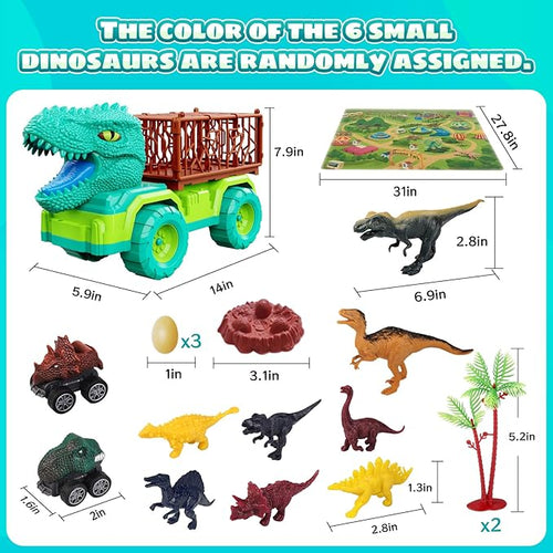 18 in 1 Dinosaur Toys for Kids 3-5, Dinosaur Truck Toys for Kids with 2 Pull Back Cars, 8 Dino Figures, Birthday Party Favors&Christmas Presents for Boys and Girls
