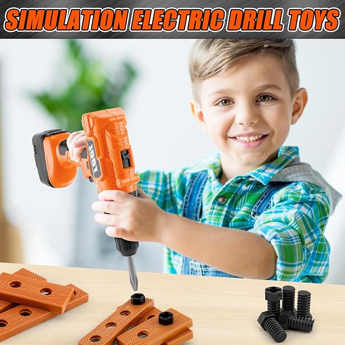 PANPAPA Kids Power Drill and Screw Set,Toy Electric Drill with 3 Interchangeable Drill Bits Sound and Motion,Pretend Play Construction Kids Tool Set Outdoor Preschool Gardening Lawn Toy Gifts（Orange）