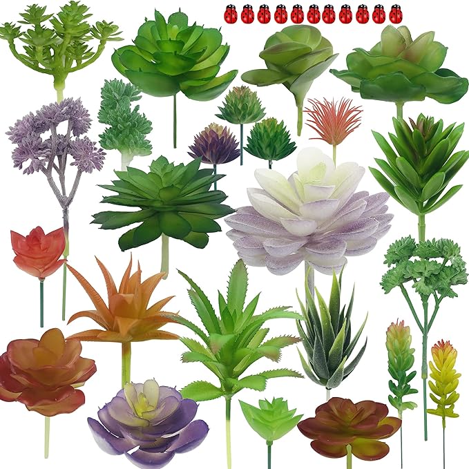 Woohome 34 PCS Artificial Succulents Picks Set, 24 PCS Mixed Color Artificial Succulent Plants and 10 PCS Simulation Ladybug for Faux Succulents Floral Arrangement, Home Decoration