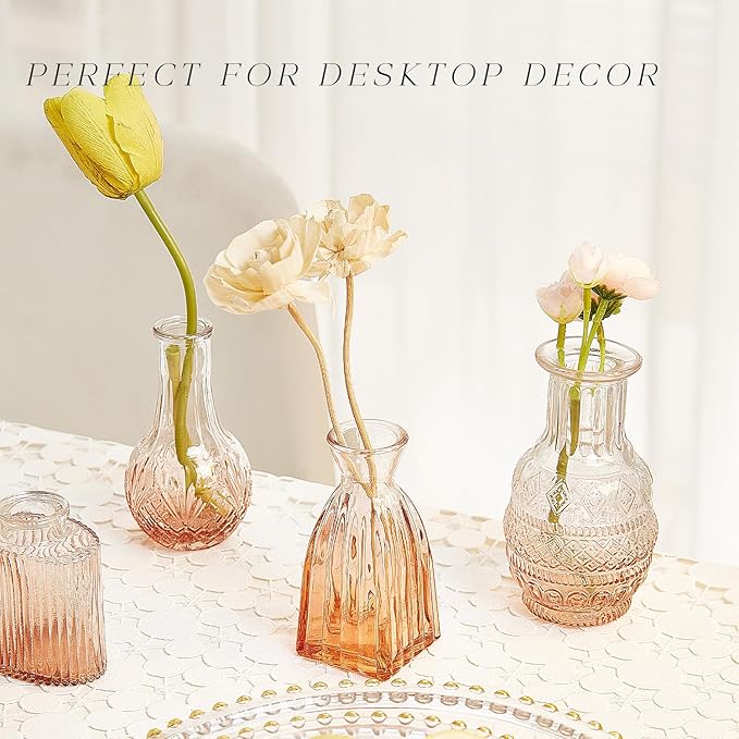 Glass Bud Vase Set of 16, Small Flower Vases, Glass Vases for Centerpieces, Vintage Home Table Decorations Bud Vases (16 Pcs, Amber)