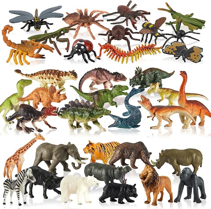 Insects and Bugs for Kids, Dinosaur Toys, Safari Jungle Animal Figures, 3 in 1, Gift for Boys Girls, 36 Pack