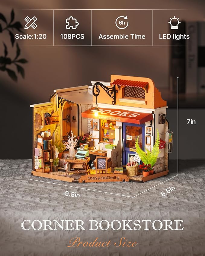 Rolife DIY Miniature House Kit 1:20 Scale Bookstore, Build Mini House Building Kit with LED Lights Craft Kits for Aduls Gifts for Him Her