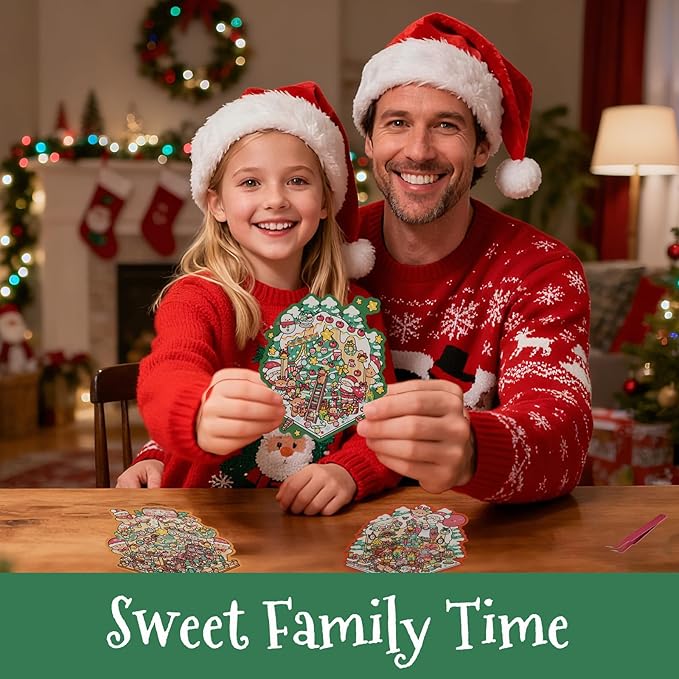 Christmas Scene Sticker DIY Set Include 4 Sticker Kits with Background Card & Tweezer: Winter Xmas Cottage 3D Miniature Room Therapy Gift Creative Play Present for Kids, Adults Stress Relief Pass Time