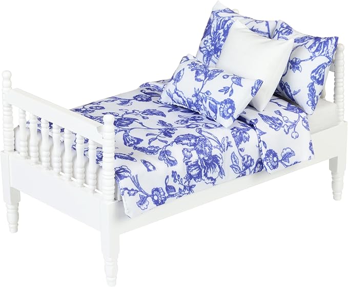 Dollhouse Furniture mini Bed Set, Bedroom Accessories for 6 inch Dolls, Blue Bedding, Wooden Frame, 1/12 Scale