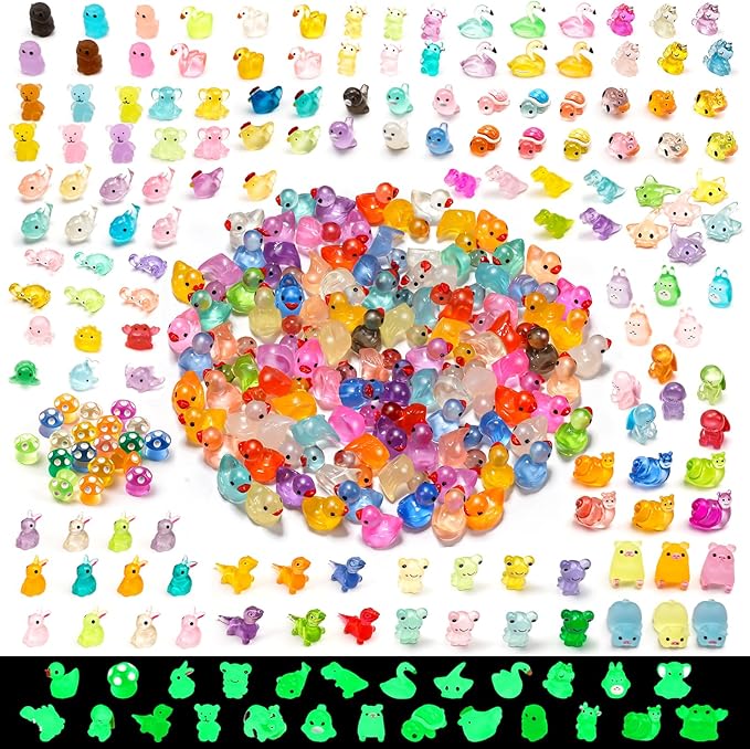 300 Pcs Luminous Mini Resin Animal in The Dark Mini Resin Figurines with 25 Styles Duck Frog Rabbit Owl Mushroom Shapes for Fairy Garden Accessories Micro Landscape Bonsai Aquarium Outdoor Decor