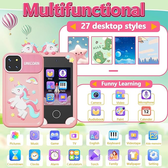 BEBESIRI Kids Camera Mini Smartphone Toy for Girls, 2.8" Touch Screen, 22 Learning Games, Dual Camera, Music Player, 32GB Card, Christmas Birthday Gift, (Pink Unicorn)