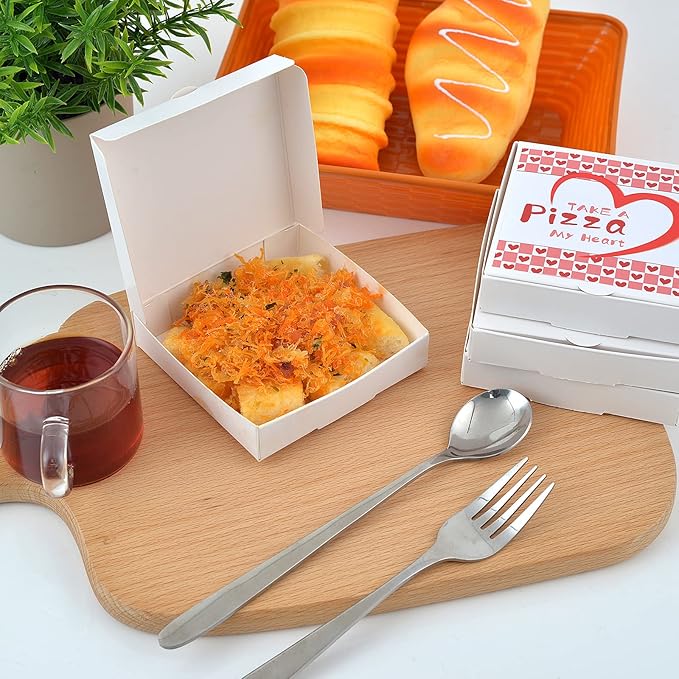 50 Pcs Mini Pizza Box Valentine Square Cardboard Mini Pizza Box with Valentine Sticker for Celebrations Party Favors Christmas Birthdays Valentines Day Weddings（3.54 x 3.54 x 0.78 inches)）