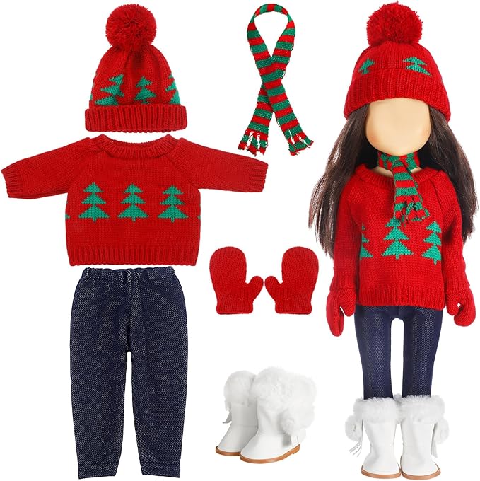 Bencailor 6 Pcs Winter 18 Inch Doll Clothes and Accessories Winter Outfits Set Sweaters Trousers Hats Shoes for 18 Inch Doll Gifts(Tree Red White Green,Classic)