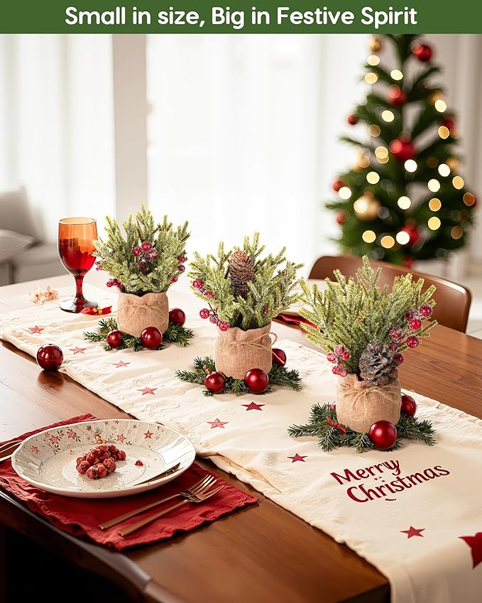 Velener Artificial Christmas Flowers for Outdoor-3 Pcs Faux Pine Branches with Red Berries & Pinecones, Fake Christmas Greenery Stems with Burlap Bag Vase, Winter Norfolk Pine Branches for Indoor