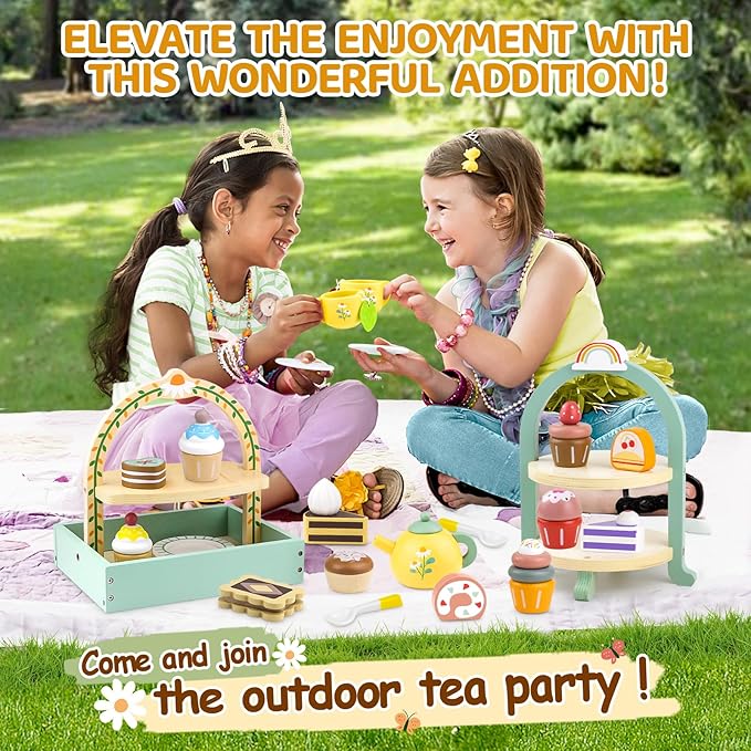 Wooden Tea Sets for Little Girls Play Food Cake Toys Toddlers 3-5 Kitchen Accessories Pretend Play Princess Playset for 3 4 5 6 Year Old Girl Boy Party Birthday Gift