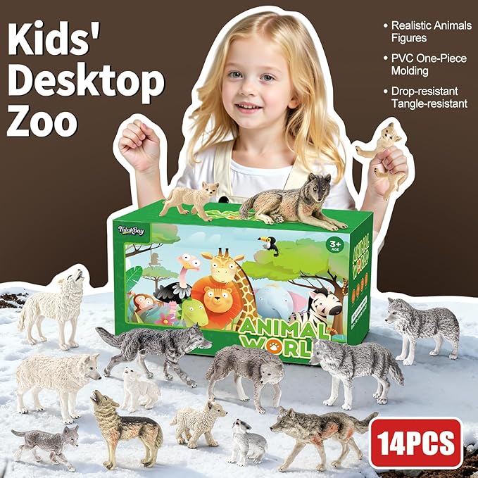 14PCS Wolf Toy Animal Figurines, Realistic Plastic Zoo Safari Animal Toys for Toddlers 3 4 5 6 7, Forest Wolf Animals Figures, Educational Toy Cake Toppers Birthday Gift for Kids Boys Girls