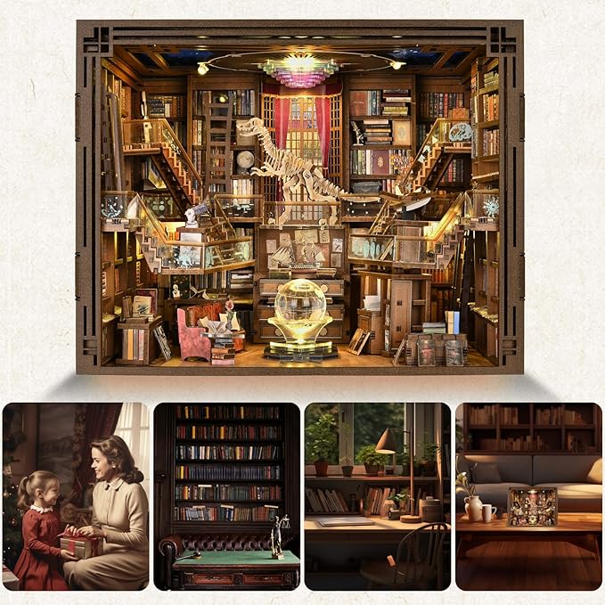 DIY Book Nook Library Kit, Miniature Dollhouse Booknook Kit, 3D Wooden Puzzle Bookend Bookshelf with LED Light for Teens and Adults (Beyond Library Max)