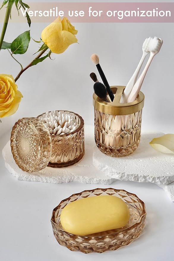 LaMarriti Brown Bathroom Accessories Set, 5Pcs Clear Glass Bathroom Accessories, Lotion Soap Dispenser, Toothbrush Holder Set, Soap Dish, Qtip Holder, Tumbler for Vintage Bathroom Decor, Gift Set