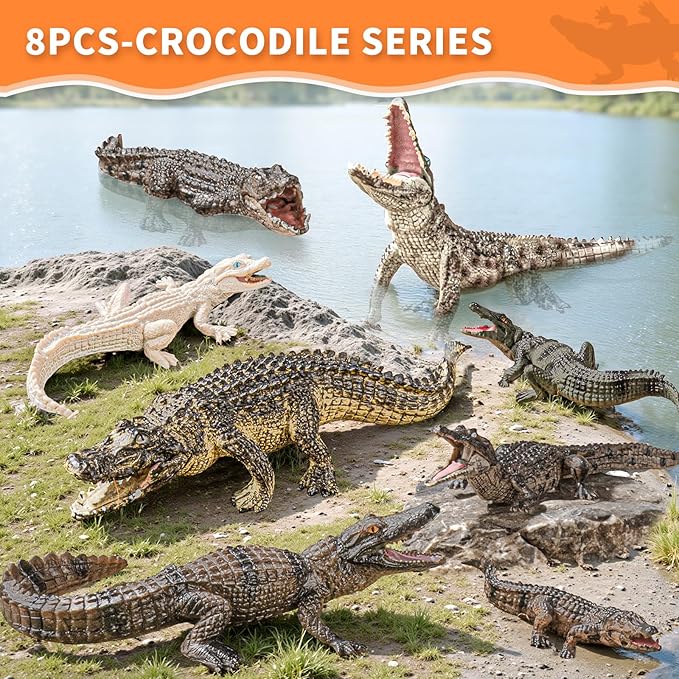 8PCS Large Safari Alligator Crocodile Animal Toy Family Figurines,Includes American,Nile,Saltwater Crocodile and Alligators with their babies, Party Favors Cake Toppers Gift for Boy Girl Kids