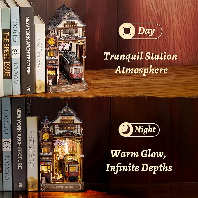 Sakura Train Book Nook Kit – LED 3D Wood Puzzle with Infinity Mirror – DIY Bookshelf Decor, Miniature Craft Gift for Kids and Adults