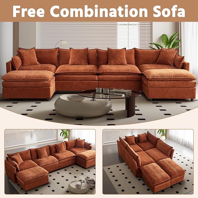 142" Modular Sectional Sofa with 2 Ottomans, 6-Seat Modern Chenille Cloud Couch, Convertible U/L-Shaped Sleeper Sofa with Double Cushions & 4 Lumbar Pillows for Living Room, Apartments and HomeTheater