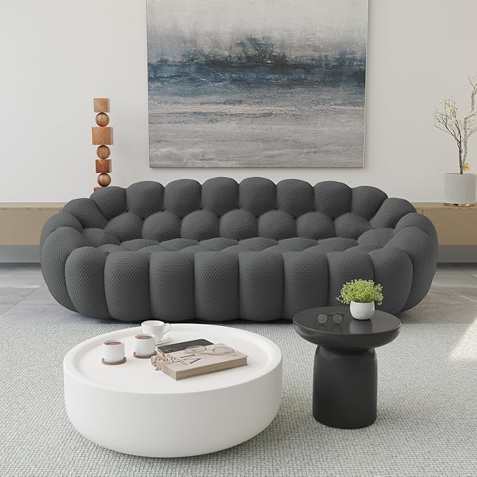 JACH 3 Seater Bubble Curved Couch, 98.43'' Comfy Upholstered Sofa, Mesh Fabric Boneless Sofa, 3D Honeycomb Shape Modern Cozy Couch for Living Room, Office, Apartment, Small Space (Grey)