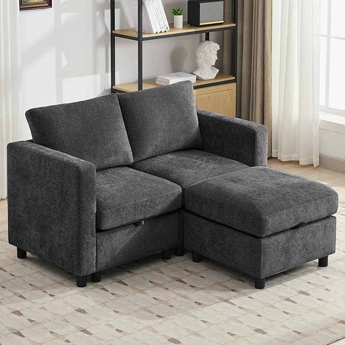 25" Square Storage Ottoman for Modular Couch, Convertible Footrest with Hidden Compartment, Chenille Upholstered Coffee Table & Extra Living Room Seating, Dark Grey