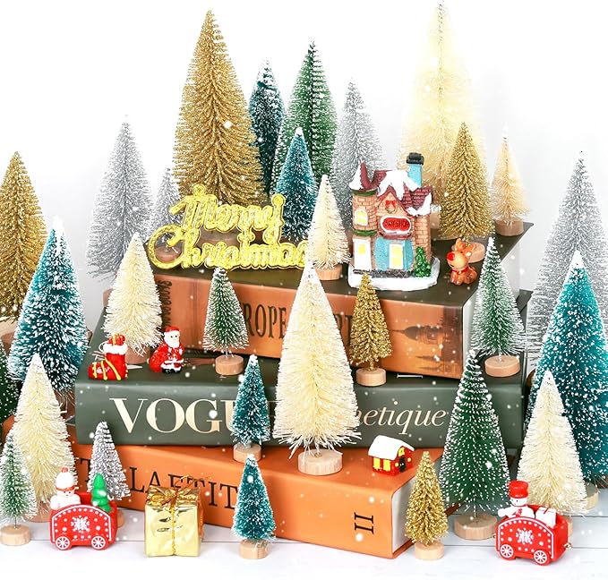 30Pcs Mini Christmas Tree Decor, Artificial Christmas Tree 5 Sizes,Mini Sisal Snow Frost Trees with Wooden Base for Christmas Decor Christmas Party Home Table Craft Decorations (B/Multicolor)