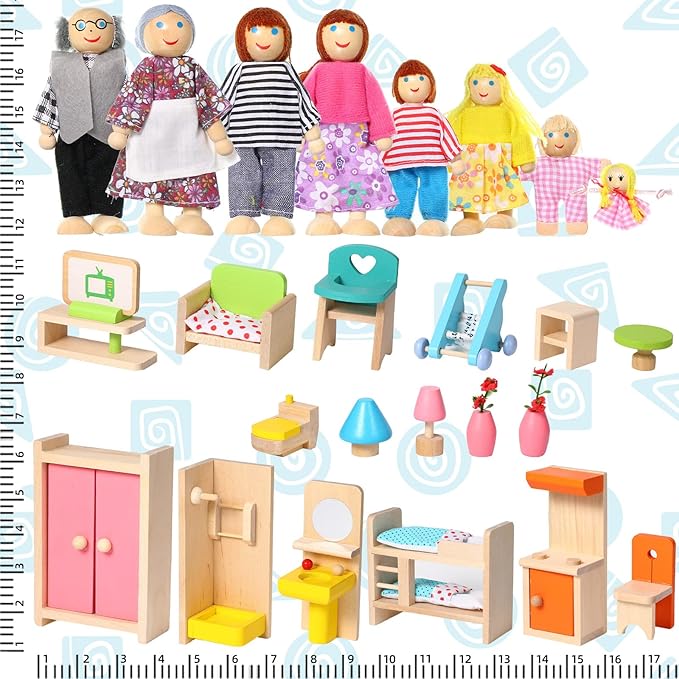 Civaner 52 Pcs Wooden Dollhouse Furniture Set Including 8 Family Dolls Miniature Doll House Accessories 1:12 Scale 5 Space Kits Bathroom Bedroom Living Room Dining Room Kitchen Gift for Christmas
