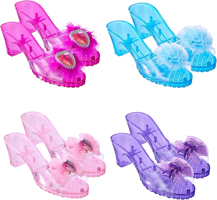 4-Pack Premium Princess Shoes Set - 1.75" Heel Slip On Princess Dress Up Shoes for Little Girls, Durable Pairs of Slip-On Sandal Heels for Kids - Fits Toddler Size 7-10 Multi