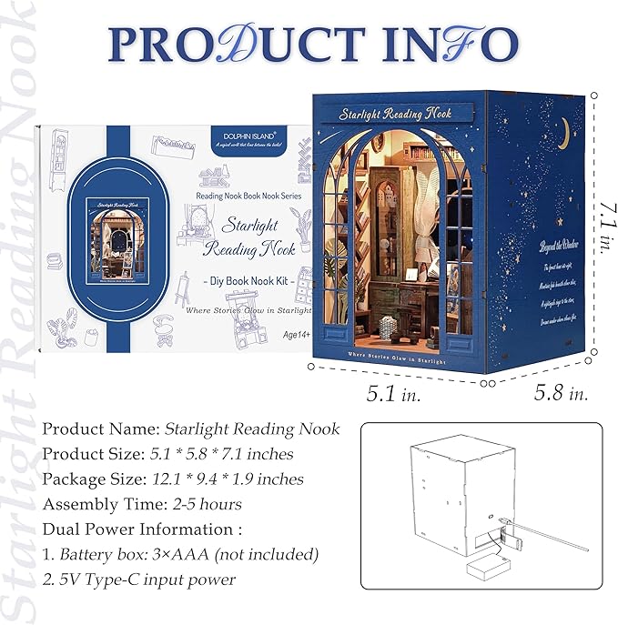 DIY Book Nook Kit for Adults, 3D Wooden Puzzle Booknook Miniature House Kit (Starlight Reading Nook)