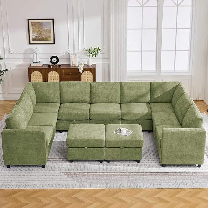 25" Square Storage Ottoman for Modular Sectional Sofa, Convertible Couch Footrest with Hidden Compartment, Chenille Upholstered Coffee Table & Extra Living Room Seating, Green